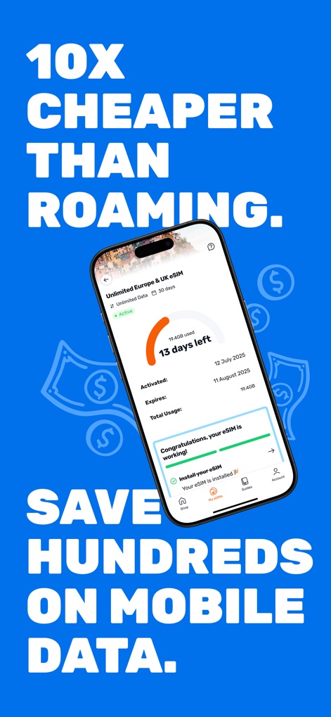 Simify eSIMs: Travel Connected - Questo strumento evidenzia un risparmio significativo rispetto al roaming tradizionale e mostra dettagli precisi sull'utilizzo dei dati, inclusi i giorni rimanenti e il consumo, direttamente nell'app.