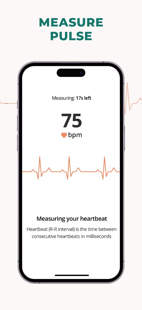 Pulsebit: Heart Rate Monitor - La aplicación presenta el ritmo cardíaco actual como '75 bpm' junto con una representación gráfica de las ondas de pulso, ofreciendo una visualización clara durante la medición.