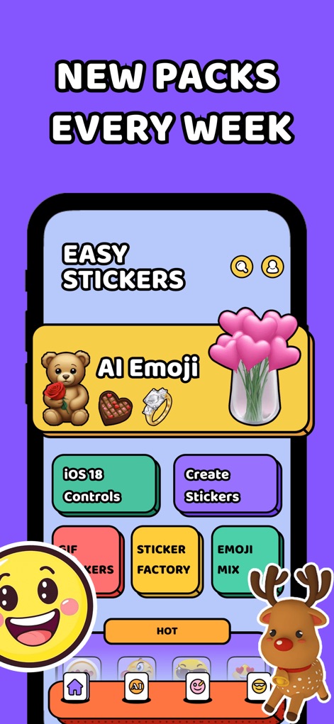 Easy Stickers - Sticker maker - A tela inicial destaca a seção "AI Emoji" para criação de figurinhas inteligentes e os botões de navegação, como "iOS 18 Controls", facilitando o acesso a funcionalidades.