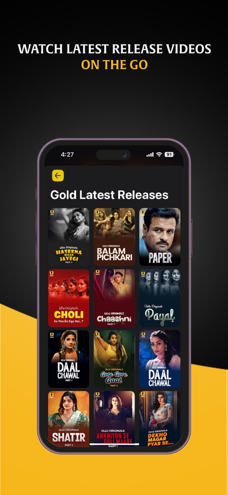 ULLU - This screenshot highlights the app's dynamic "Gold Latest Releases" section and the extensive collection of "ULLU ORIGINALS" available for streaming.