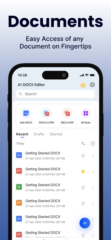 Office Suite-Word, PDF, Sheets - Esta vista ofrece una gestión centralizada de documentos recientes, destacando iconos de acción rápida como 'Edit DOCX' y 'DOCX to PDF' para mayor eficiencia.