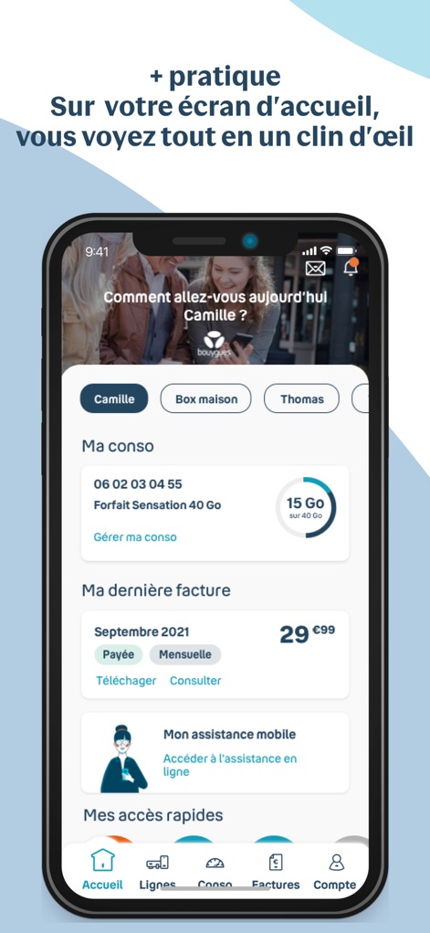 Bouygues Telecom - Les utilisateurs bénéficient d'un aperçu instantané de leur consommation de données grâce à une jauge visuelle et accèdent rapidement aux fonctionnalités clés via des icônes d'accès rapide en bas de l'écran.