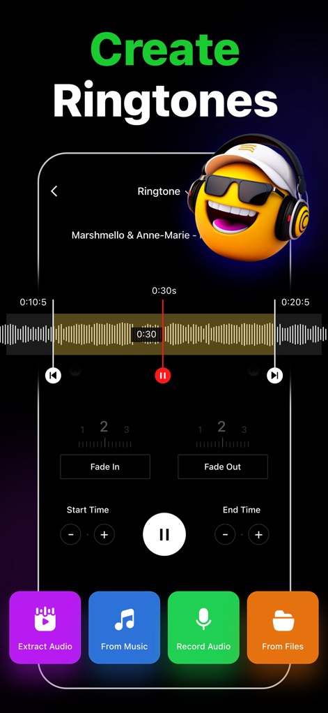 Ringtone Maker Garage - The app showcases its robust audio editor, enabling precise trimming with a detailed waveform display and convenient fade in/out controls.