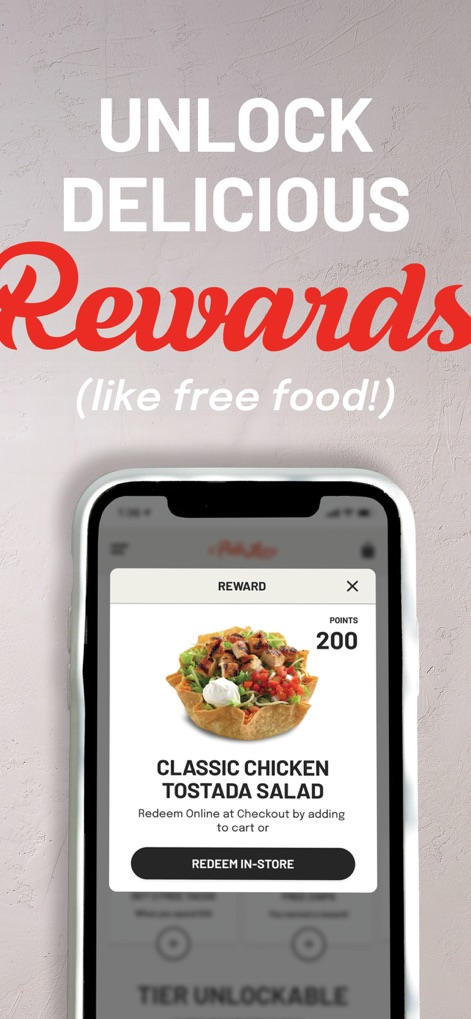 El Pollo Loco - Loco Rewards - The app showcases how users can redeem points for delicious food items like the "CLASSIC CHICKEN TOSTADA SALAD" by using their accumulated "POINTS 200".