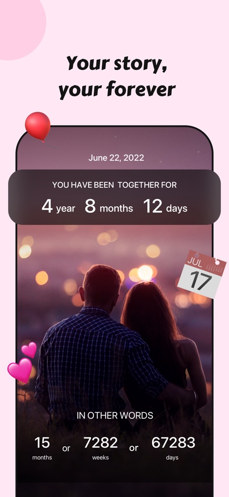 Couple360-Relationship App - The app precisely calculates the duration of the relationship with a detailed togetherness counter, displayed over a romantic background.