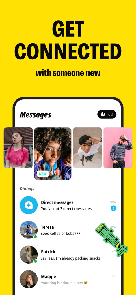 BeFriend - Make new friends - The messages interface effectively organizes "Direct messages" from various contacts, each represented by a distinct user avatar, ensuring easy communication.