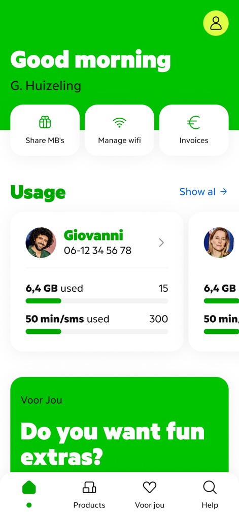 MijnKPN - The intuitive dashboard presents key user functionalities, featuring quick access buttons for "Share MB's" and a "Usage" breakdown of services.