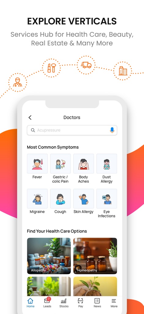 JD - The Best Local Search App - Navigate specialized service hubs with clear listings for 'Most Common Symptoms' and distinct 'Health Care Options' like Allopathy and Homeopathy.
