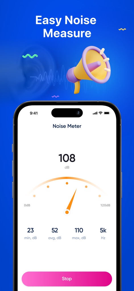 Clean Tune - Speaker Cleaner - View the app's immediate noise level readings, featuring the clear "108 dB" display and the comprehensive statistical breakdown including min, avg, and max decibel values.
