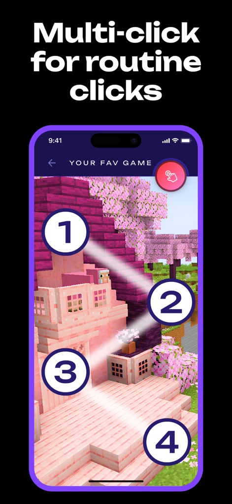 AutoClicker - Auto Scroll: OP - Questo strumento permette di programmare sequenze di clic complesse, illustrate dai quattro punti numerati (1-4), ottimizzando le attività ripetitive all'interno di ambienti come il gioco raffigurato.