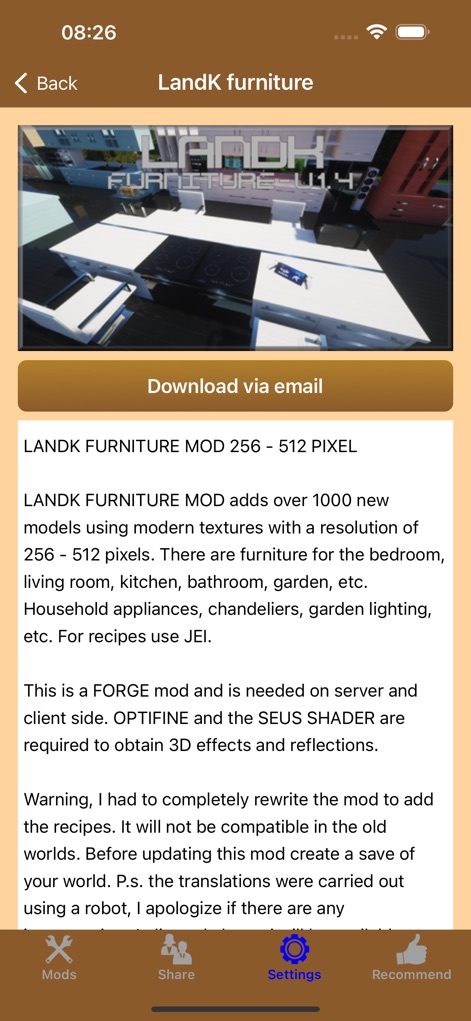 MC - Latest Furniture DLC Mods - O aplicativo mostra detalhes do mod "LandK Furniture", realçando a integração de móveis de cozinha modernos com bancadas brancas e um design minimalista dentro do jogo.