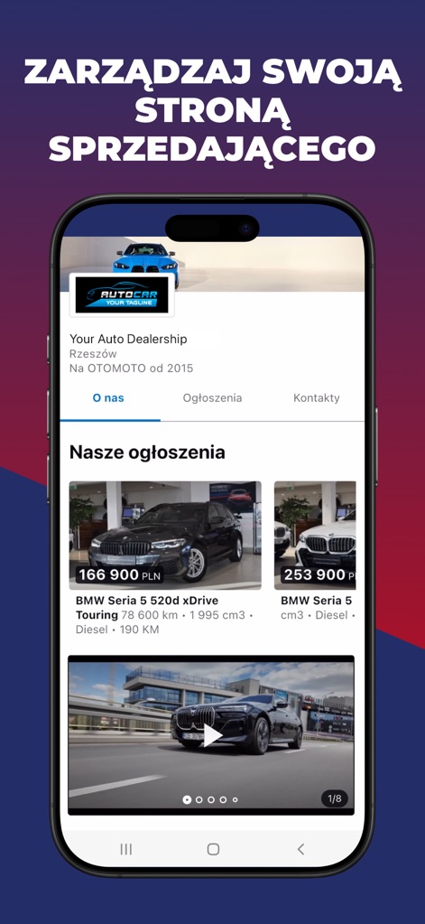 OTOMOTO.pl: Car Marketplace - The app empowers sellers to manage their professional profile pages, displaying their active listings and engaging video content.