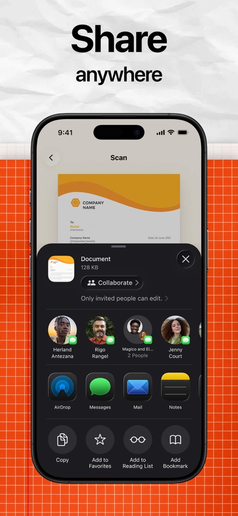 Lens - PDF Scanner and Editor - A tela de compartilhamento flexível é exibida, permitindo aos usuários compartilhar o documento via diversas plataformas e oferecer a opção de "Colaborar" com outros convidados.