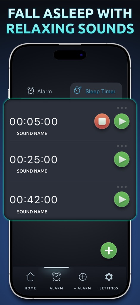 Alarm Clock App: myAlarm Clock - Users can easily set up multiple sleep timers with chosen sound names and individual play/pause controls for a serene wind-down experience.
