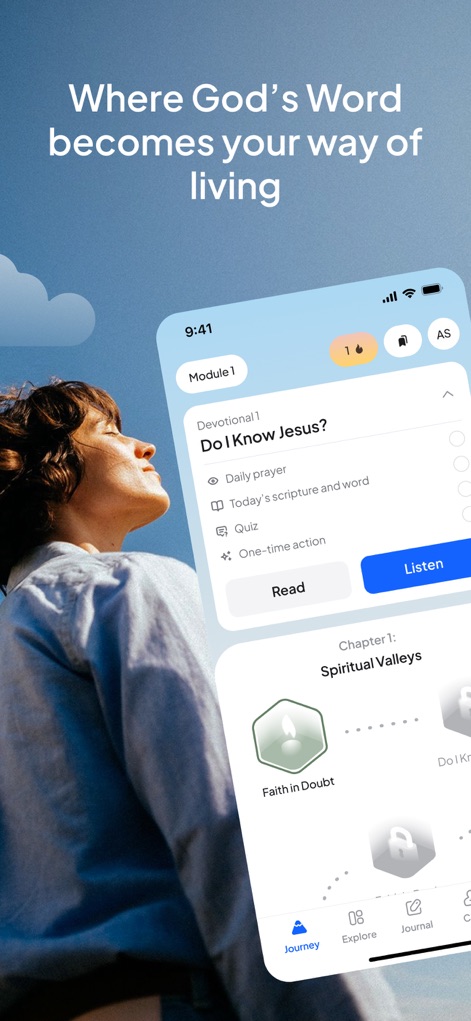 Duomo: Bible & Daily Devotions - Users can navigate personalized spiritual journeys with clearly structured devotional modules and accessible bottom navigation tabs.