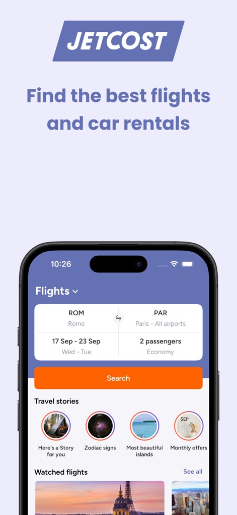 Jetcost: flights and cars - L'application simplifie la planification de votre prochain voyage, en affichant clairement l'interface de recherche de vols avec ses champs pour la destination et les dates, tout en inspirant les utilisateurs via la section 'Travel stories' proposant des idées d'évasion.
