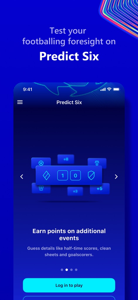 UEFA Gaming: Fantasy Football - This tool engages users with the 'Predict Six' game mode, displaying core match score predictions alongside opportunities to earn bonus points for specific additional events.