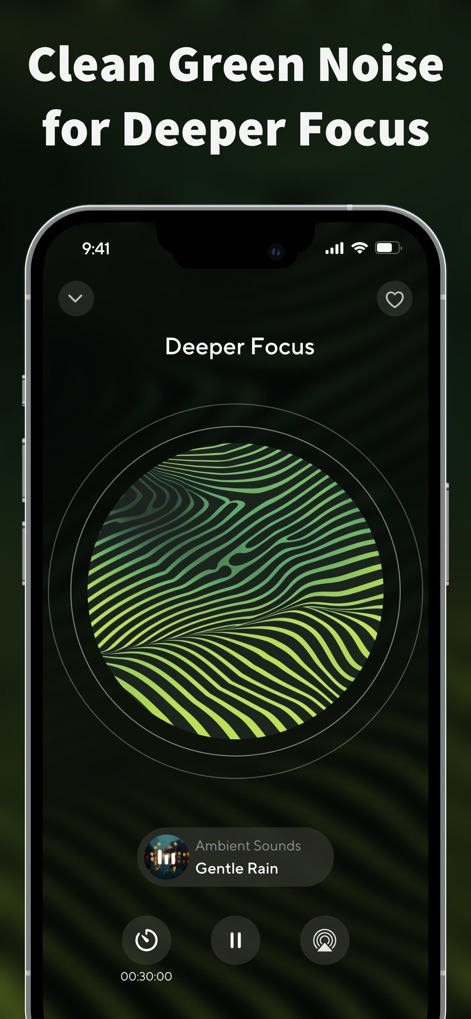 ColorSleep: Green, Brown Noise - La pantalla ilustra el uso del "Clean Green Noise for Deeper Focus", que se acompaña de "Ambient Sounds Gentle Rain" y un temporizador establecido en "00:30:00" para mejorar la concentración.