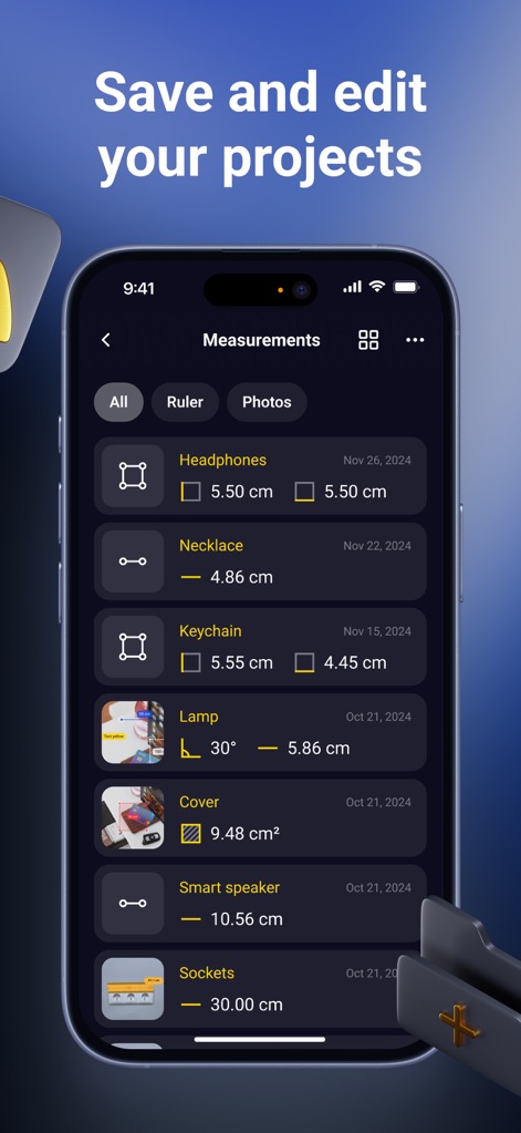 Measuring Tape, Photo Ruler - The app offers robust Project management capabilities, allowing users to save and edit their measurements, efficiently organized by type such as 'Ruler' and 'Photos'.