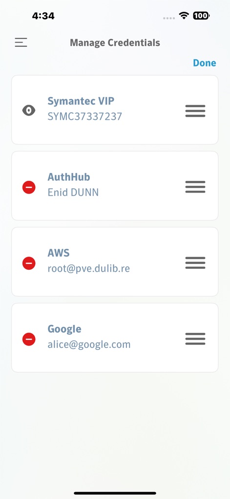 VIP Access for iPhone - This view demonstrates the intuitive interface for managing credentials, featuring red removal icons for deletion and reorder handles for easy organization.