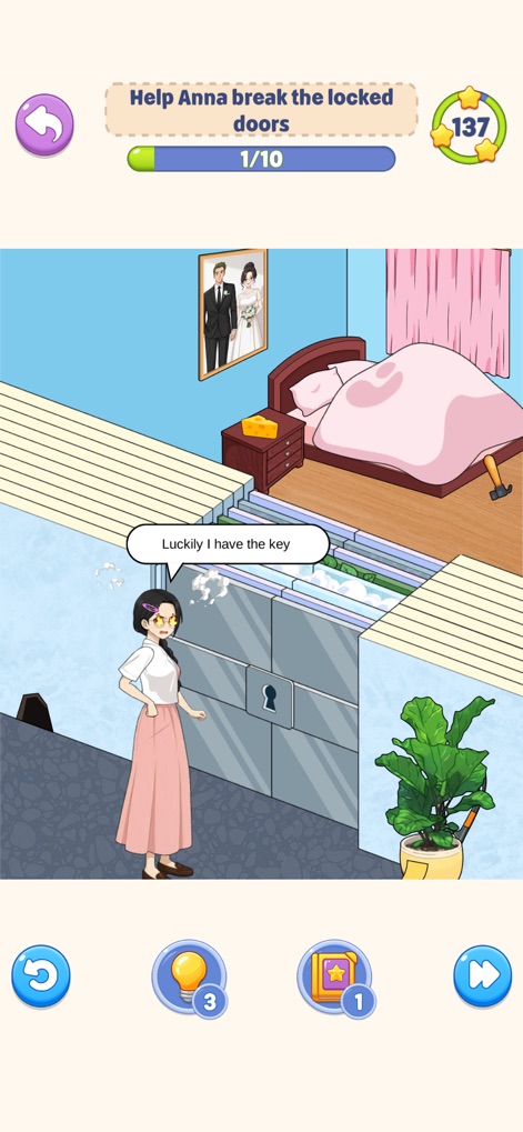 Tricky Story - Nutzer sehen Anna vor einer rätselhaften Betonwand mit Schlüsselöffnung, während das Schlafzimmer im Hintergrund und ein danebenstehender Vorschlaghammer auf eine clevere Lösung hinweisen.