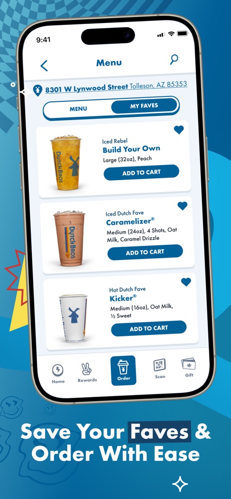 Dutch Bros - The menu interface provides clear listings of popular drinks and allows users to easily add items to their cart or access their favorite selections.