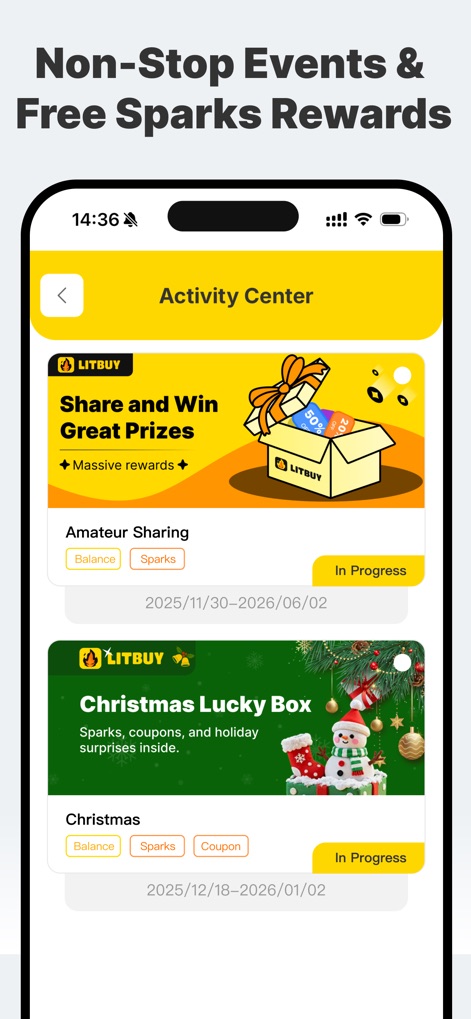 LitBuy - View the app's 'Activity Center', showcasing appealing events like 'Share and Win Great Prizes' and festive 'Christmas Lucky Box' promotions.