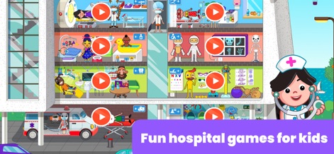 Hospital Games for Kids - Dive into the vibrant world of the hospital, exploring diverse interactive rooms and character play buttons for endless fun.