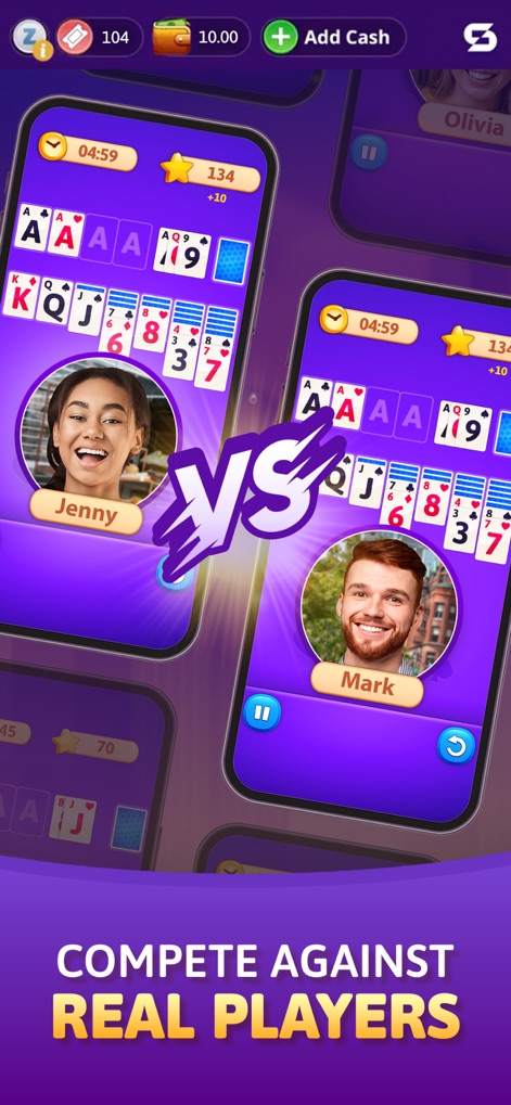 Solitaire Skillz - Win Cash - La interfaz permite a los usuarios enfrentarse a oponentes reales, como se ve en los perfiles de Jenny y Mark y sus pantallas de juego simultáneas, garantizando una competencia justa y habilidad en partidas uno a uno.