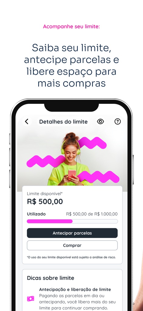 Pagaleve - Users gain full visibility into their spending with the 'Detalhes do limite' overview and can actively manage their finances through 'Antecipar parcelas' to free up credit.