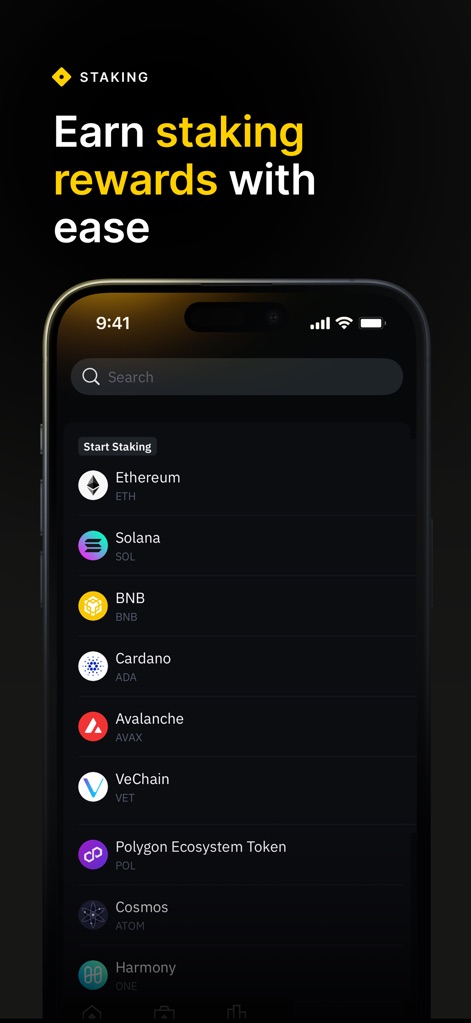 Binance.US: Buy BTC & Crypto - Explore various staking options for popular cryptocurrencies like Ethereum and Solana, easily discoverable via the integrated search function.