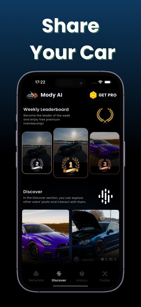 Mody : AI Car Modifications - The app cultivates a vibrant community through its "Weekly Leaderboard" displaying top designs and enables users to explore and interact with creations in the "Discover" section.