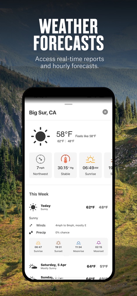 onX Backcountry: Trail GPS App - Users access comprehensive weather information directly within the app, including current temperature and hour-by-hour wind forecasts.