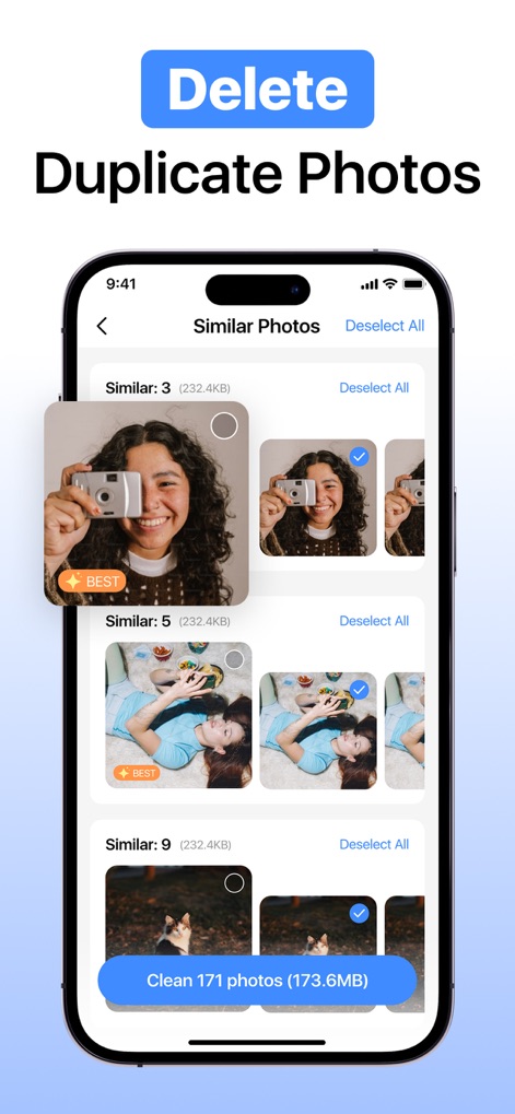 Cleaner: Phone Cleanup App - L'application détecte automatiquement les photos similaires, offrant aux utilisateurs la possibilité de sélectionner et de conserver la meilleure version tandis que les doublons sont préparés pour une suppression efficace, comme les 171 photos signalées.