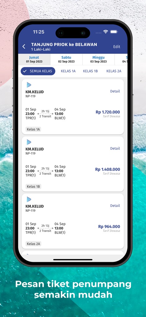 PELNI - Users can effortlessly select their travel dates and view detailed itineraries, including ship names like 'KM. KELUD' and various 'Kelas' (class) options with transparent pricing.