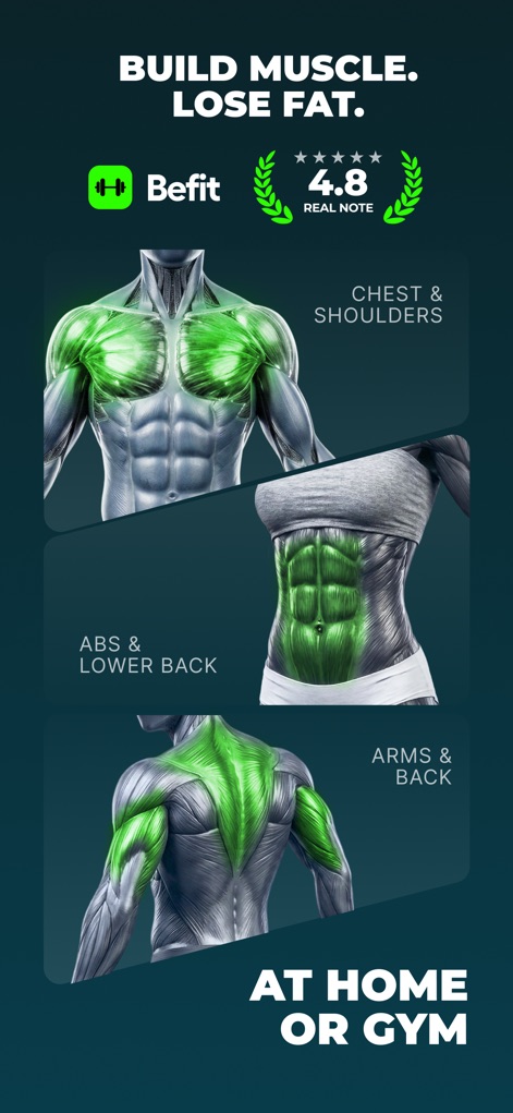 Befit: Gym & Home Workout Plan - This tool visually highlights specific muscle groups for targeted training and proudly displays a high 4.8-star rating from its community.