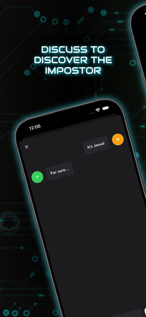 Imposter Party™ Word Game - The app facilitates social deduction through a chat interface, where players can debate and accuse others, as shown by the message bubbles.