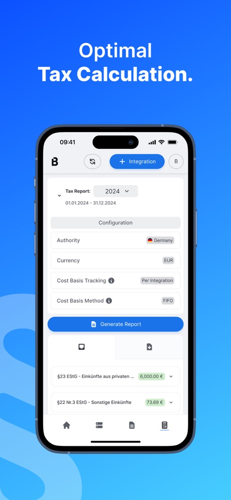 Blockpit: Taxes & Portfolio - La aplicación facilita la preparación de informes fiscales específicos, como se ve en la selección del año 2024 y la jurisdicción (Alemania), permitiendo a los usuarios configurar detalles como el método de cálculo de costos (FIFO).