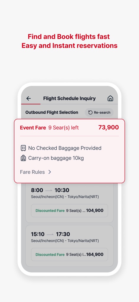 EastarJet - Explore the 'Flight Schedule Inquiry' interface, which clearly displays 'Event Fare' information including baggage allowances and available flight times with corresponding prices.