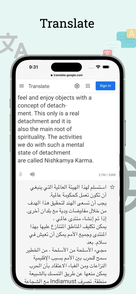 AI Scanner : Image to Text - Experience the app's powerful "Translate" capability, effortlessly converting text from one language to another, as shown with English and Arabic examples.