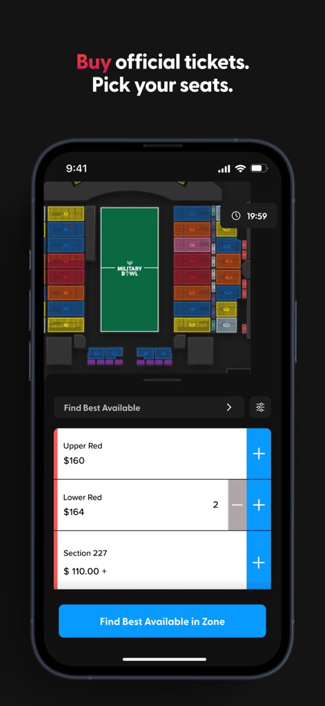 Tixr - Event Tickets - The app allows users to interact with a 'Detailed Venue Map' to choose preferred sections and then easily select 'Seat Quantities' for a customized purchase.