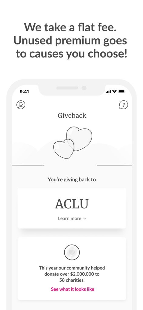 Lemonade Insurance - Dieser Bildschirm hebt das einzigartige "Giveback"-Modell der App hervor, dargestellt durch die Option, eine Organisation wie "ACLU" zu unterstützen, und die kumulierte Spendensumme von über "$2,000,000" an wohltätige Zwecke.
