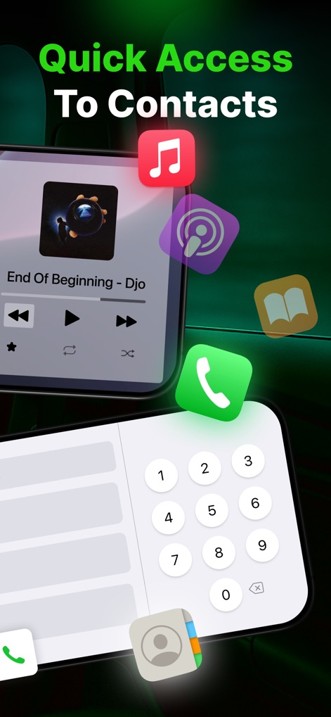 Car Play Connect: Sync My Auto - Users benefit from the app's effortless communication features, including a full dialer keypad and direct contact access, shown alongside an active music player and essential app shortcuts.