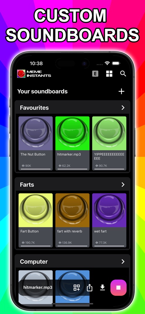 Meme Instants – Soundboard - Explore the custom soundboard feature, enabling users to organize their favorite meme sounds into personalized sections such as 'Favourites' and 'Farts'.
