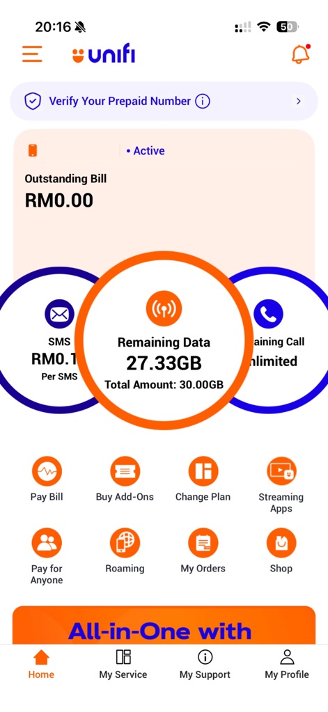 Unifi UniVerse - La aplicación presenta de forma visible el "Remaining Data 27.33GB" en el centro de la pantalla, facilitando el acceso rápido a funcionalidades como "Pay Bill" y "Streaming Apps" mediante iconos claros.