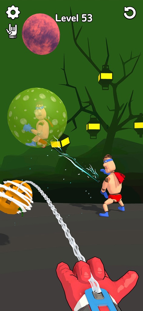 Ragdoll Hero Break Games - Experience diverse and imaginative settings, including a ragdoll hero in a protective bubble and a separate ragdoll being ensnared by a web string in a whimsical, pumpkin-adorned scene.