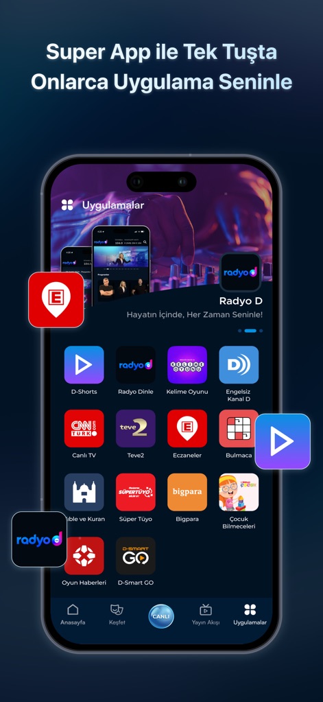 Kanal D - Watch Series & TV - Los usuarios acceden a una funcionalidad de "Super App" que integra múltiples herramientas como "Radyo D" y "Eczaneler", mostrando una amplia gama de aplicaciones en una interfaz unificada.