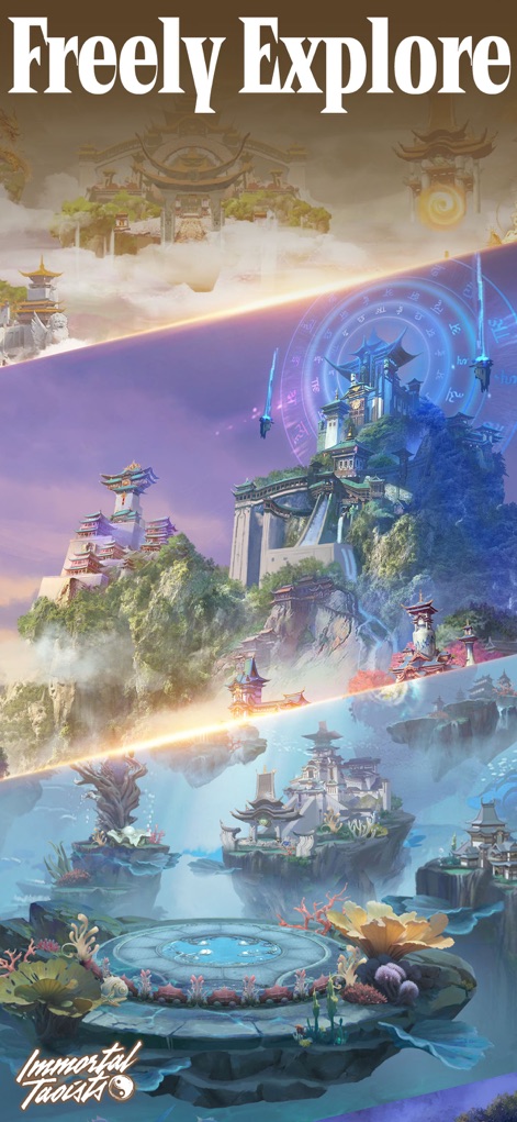 Immortal Taoists-MUD Wuxia - Immerse in the panoramic view of multiple distinct floating island environments and grand ancient architectural structures.