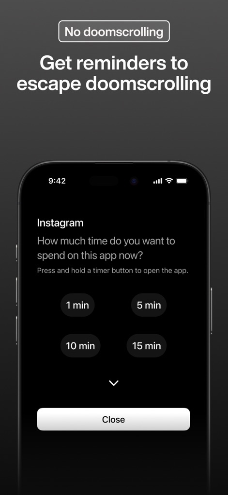 minimalist phone ® - This tool helps prevent doomscrolling by offering granular time limit options (e.g., 1 min, 15 min) for individual apps like Instagram.