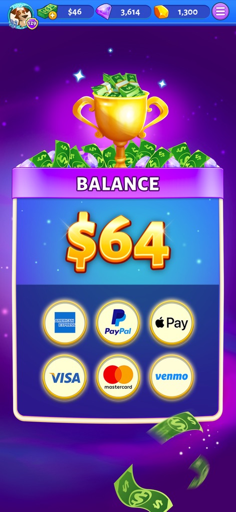 Bingo Cash - This screen highlights the users' current balance and the wide array of secure payment options available, including PayPal and Apple Pay.